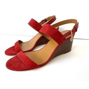 TORY BURCH WEDGED SANDAL MINI BENTON RED SUEDE LEATHER 7M